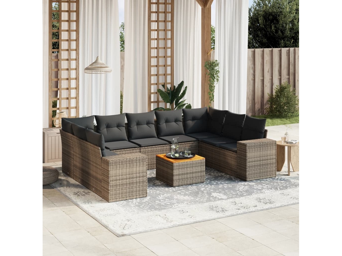 Conjunto de sofá de jardín de 10 piezas con cojines, ratán gris, DKD Home Decor