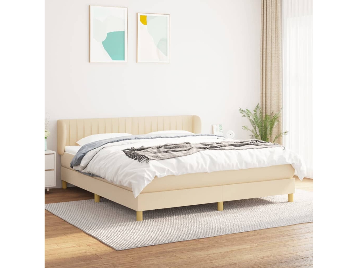 Cama Box Spring Con Colchón Tela Color Crema 160x200 Cm