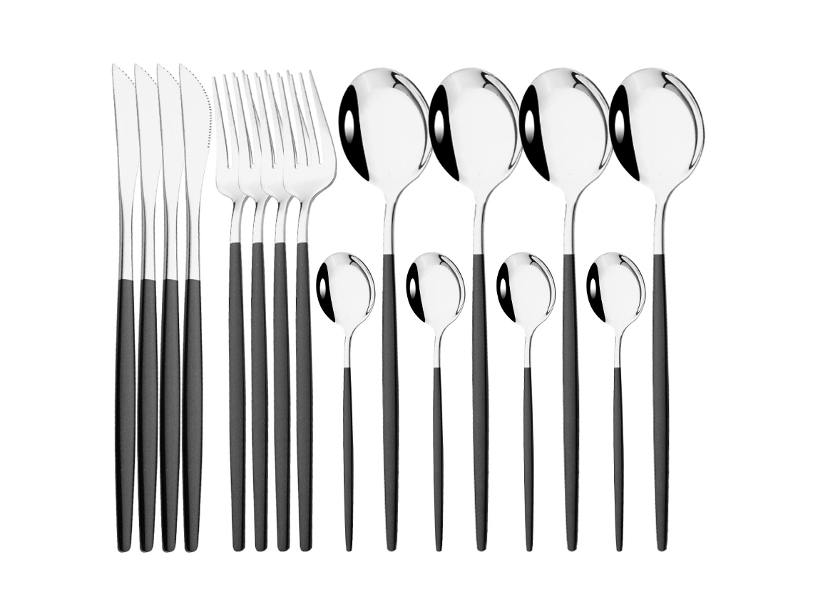 Juego de cubiertos de acero inoxidable de 16 piezas con acabado espejo, incluye tenedores, cucharas y cuchillos. Mdug (negro y plateado)