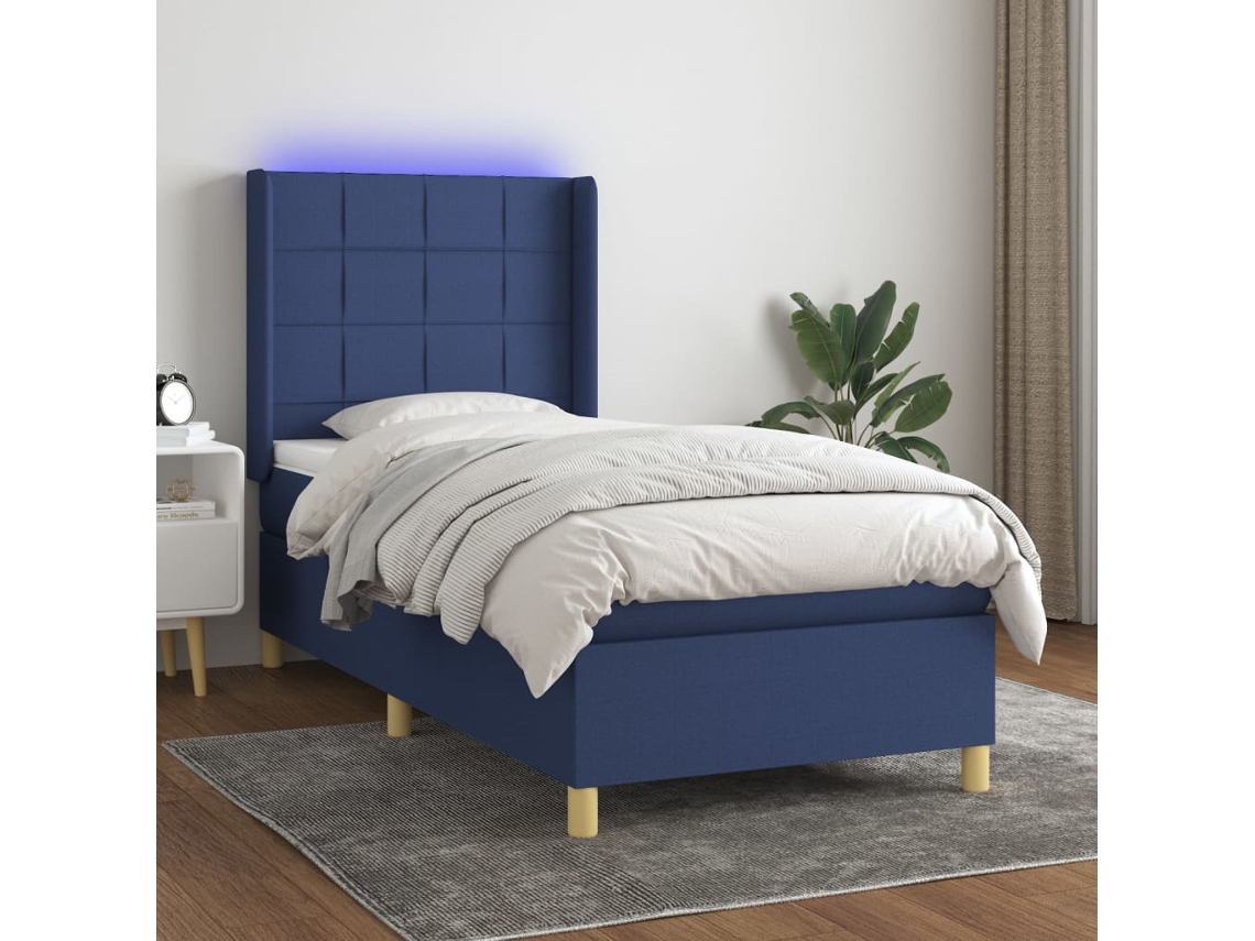 Cama Box Spring Colchón Y Luces Led Tela Azul 90x200 Cm