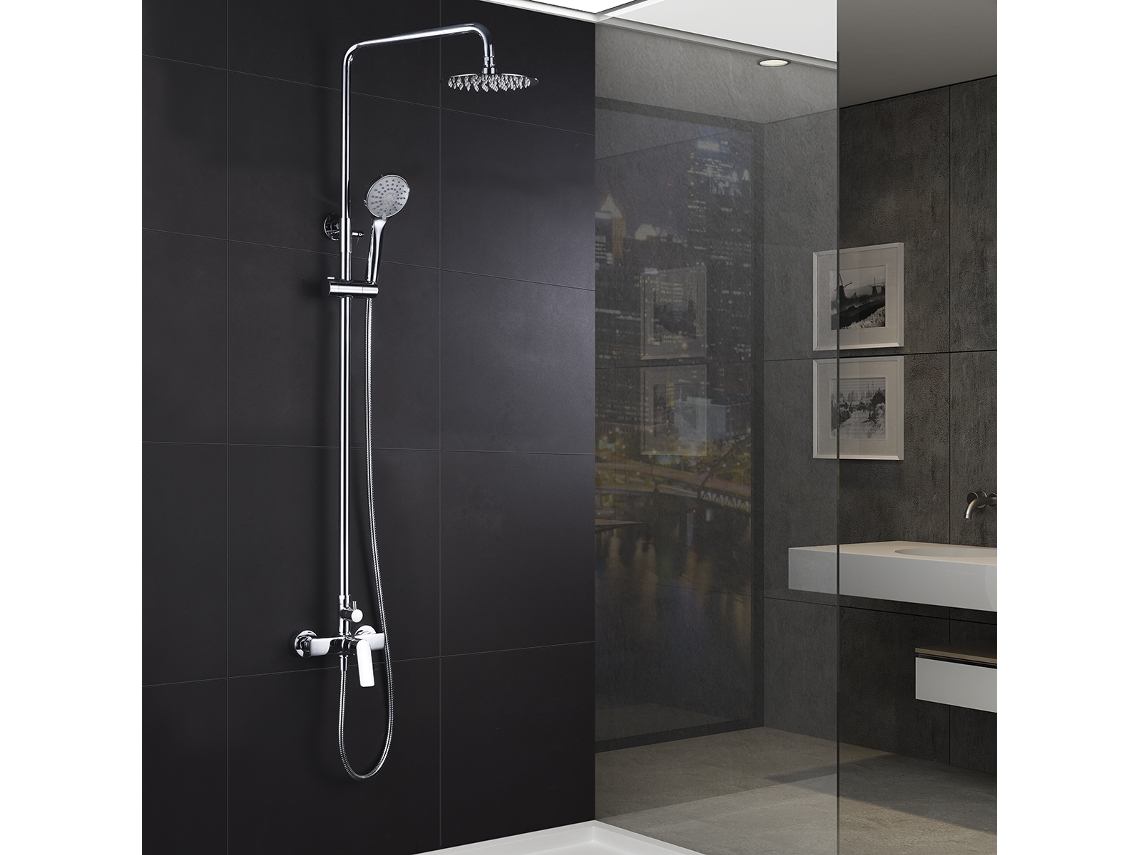 Columna de ducha monomando cromada en acero y latón con barra extensible, rociador antical extraplano Imex BDX023 Luxor