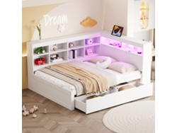 Sofá De Madera De 140x200 Con Cajones, Usb, Led Y Estantes Blancos.