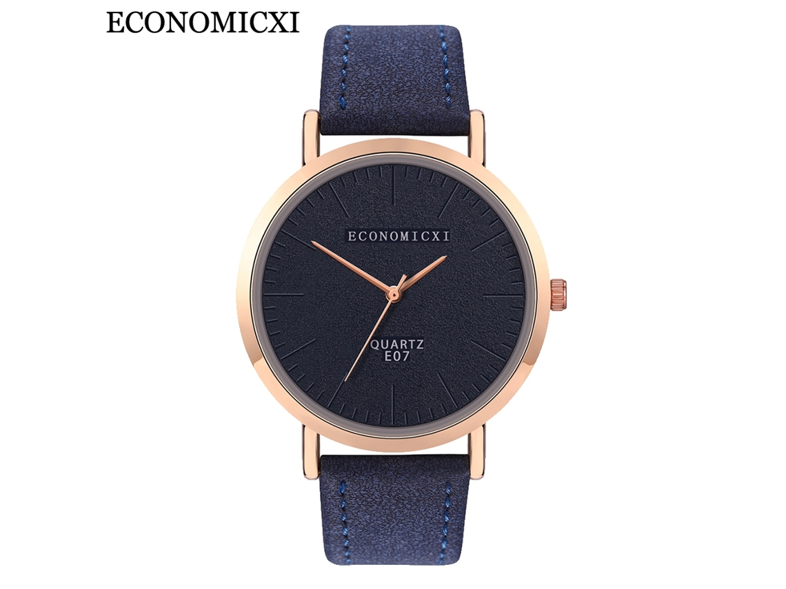 Reloj unisex minimalista de pulsera de piel sintética con esfera redonda azul real.