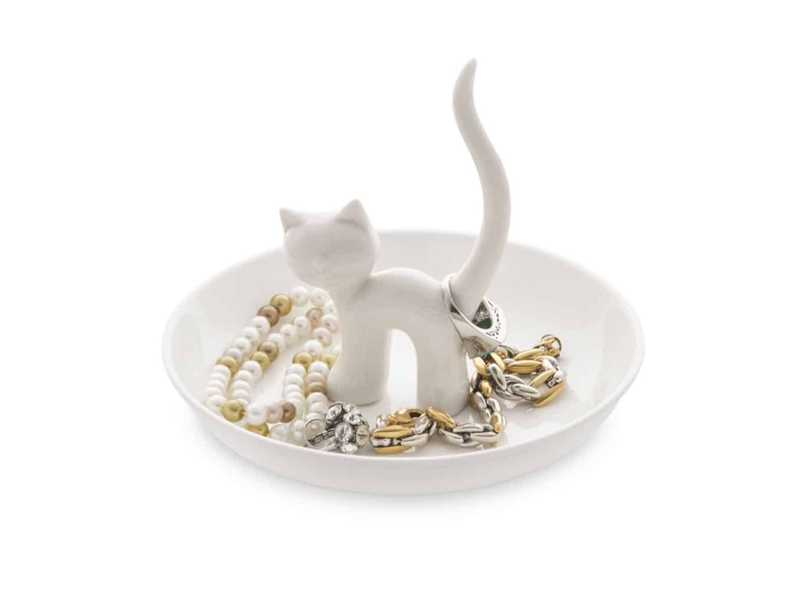 Bandeja porta-anillos de cerámica blanca extragrande con forma de gato felino Bandeja porta-anillos de cerámica blanca extragrande con forma de gato felino