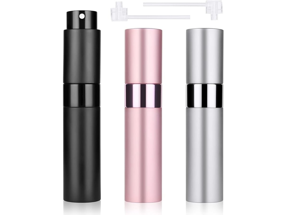 3 Atomizadores Perfume Viaje 10ml Recargables, Negro Rosa Plata