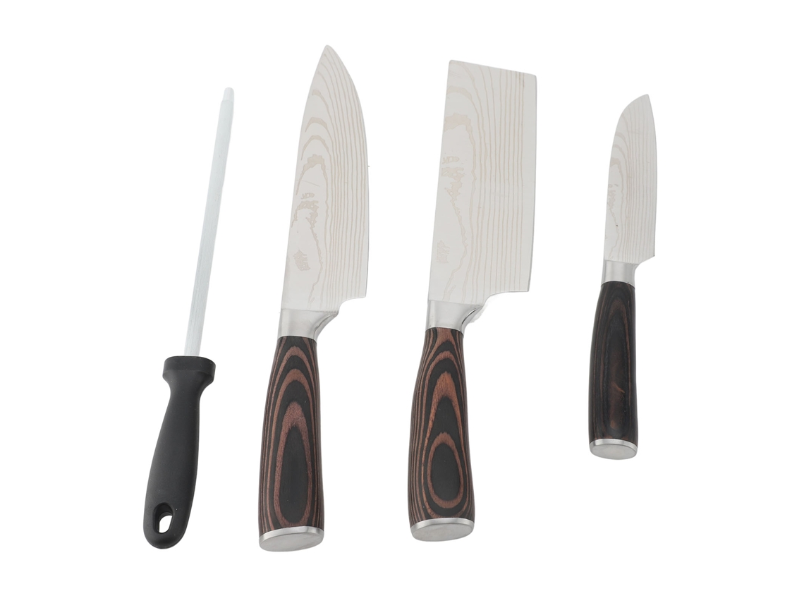 Juego De 3 Cuchillos De Chef Japoneses Con Afilador, De Acero Inoxidable Y Mango De Madera.