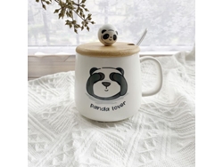 Preciosa taza de cerámica con diseño de panda, tapa y diseño 3D de Cuchara, 400 ml.