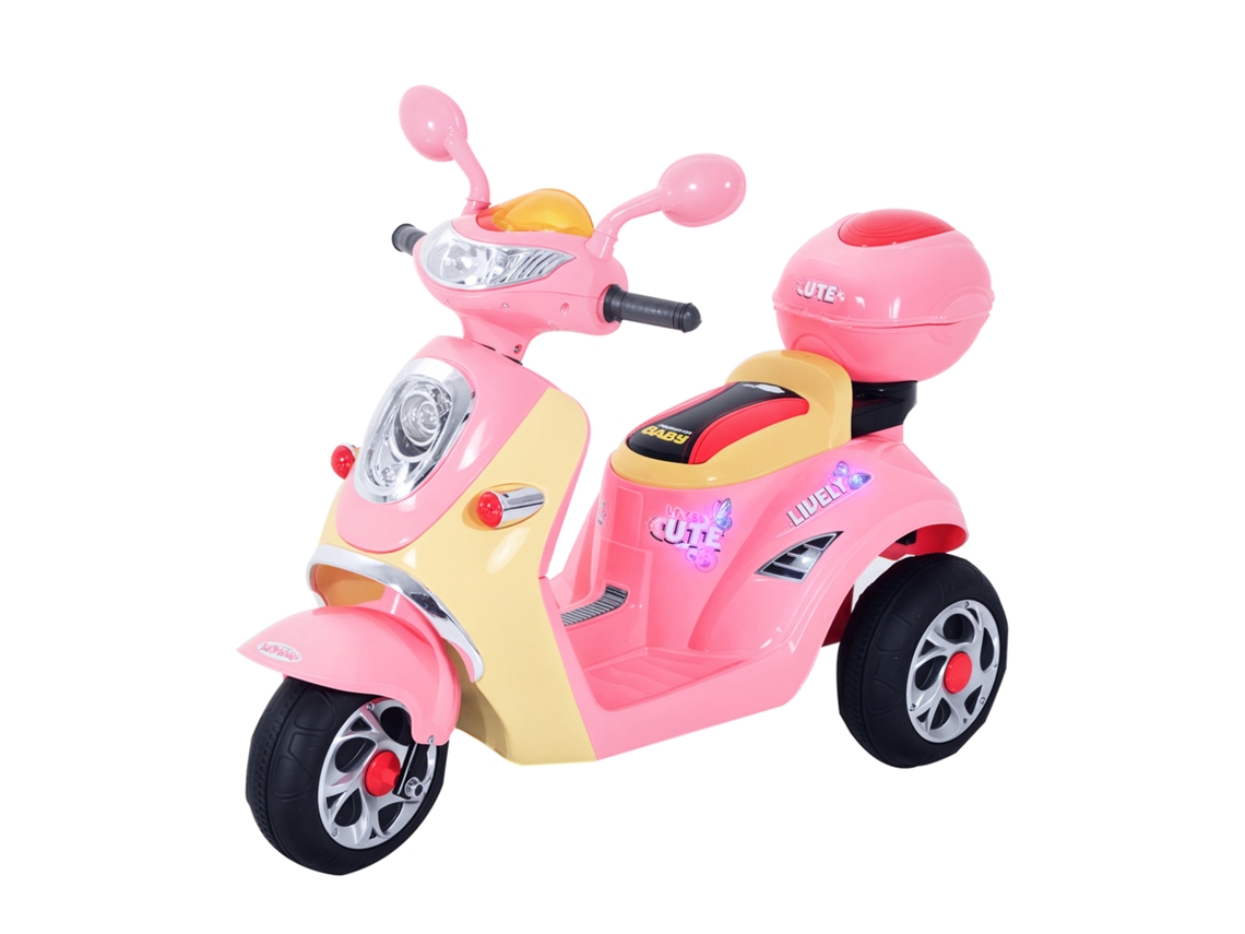 Triciclo eléctrico infantil de 6 V, color rosa y amarillo.