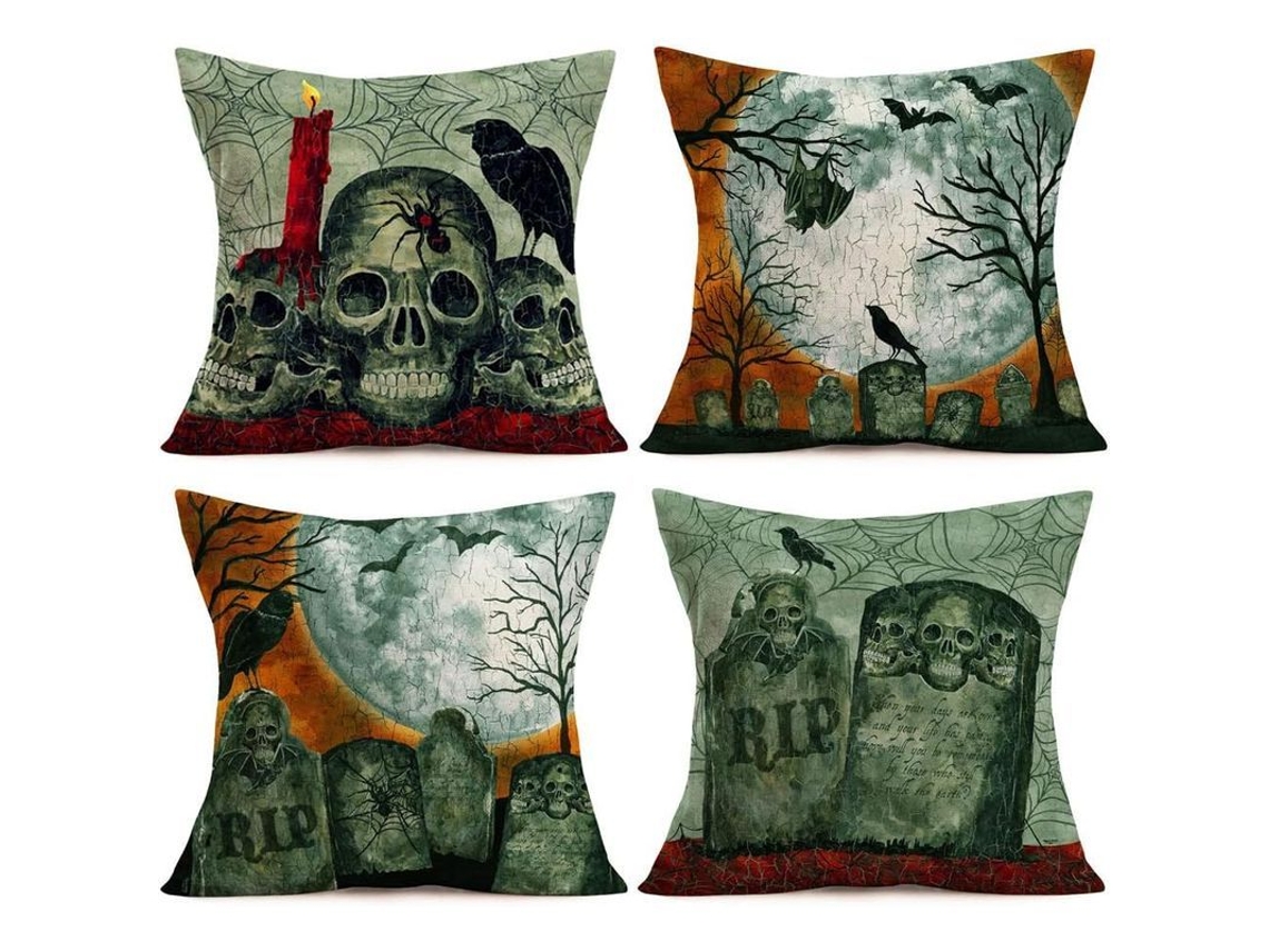 2026-45024-fundas De Cojín Vintage De Halloween Linjou Pack De 4 45x45cm Calavera Telaraña Murciélago