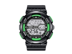 Reloj digital LED con 4 botones, resistente a salpicaduras.