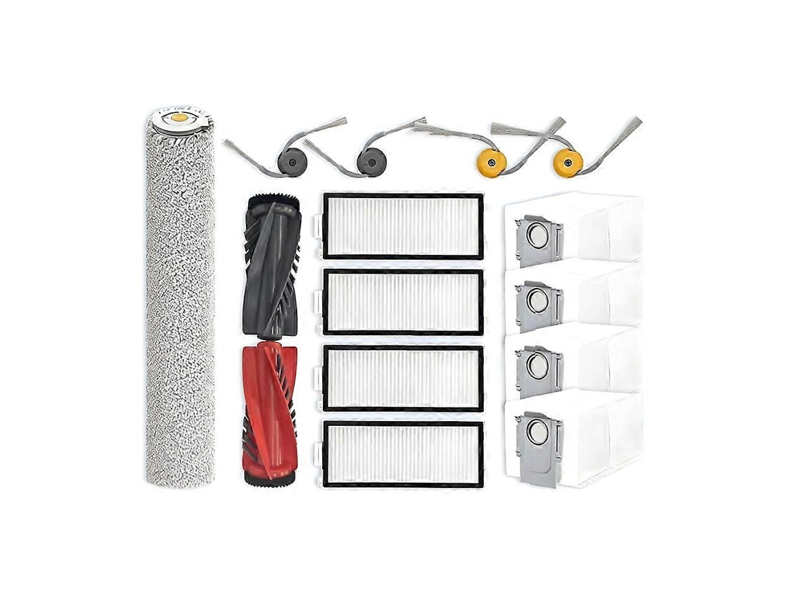 Peças de reposição e acessórios para Roborock Qrevo Curv 2 Flow: escova lateral principal, filtro HEPA, esfregão de rolo e saco de pó.