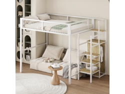 Cama alta 140*200, Cama infantil con estructura de hierro y balda de almacenaje, Armario blanco