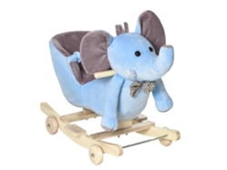 Caballo balancín con forma de elefante (a partir de 18 meses), ruedas con respaldo y cinturón de seguridad, madera blanda y acero, 60x35x45 cm, juguete infantil, azul.