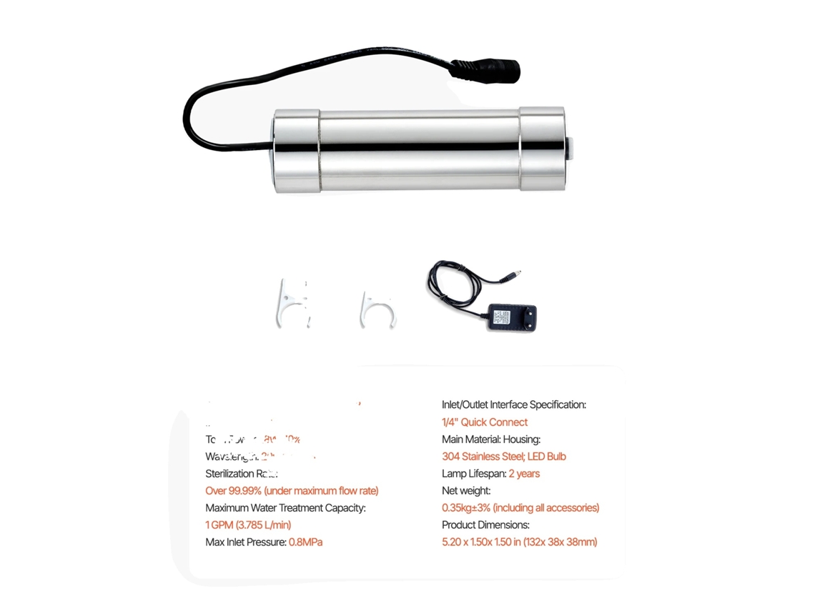 Purificador de agua con sistema UV, construcción de acero inoxidable, 8 W, 1 gpm.