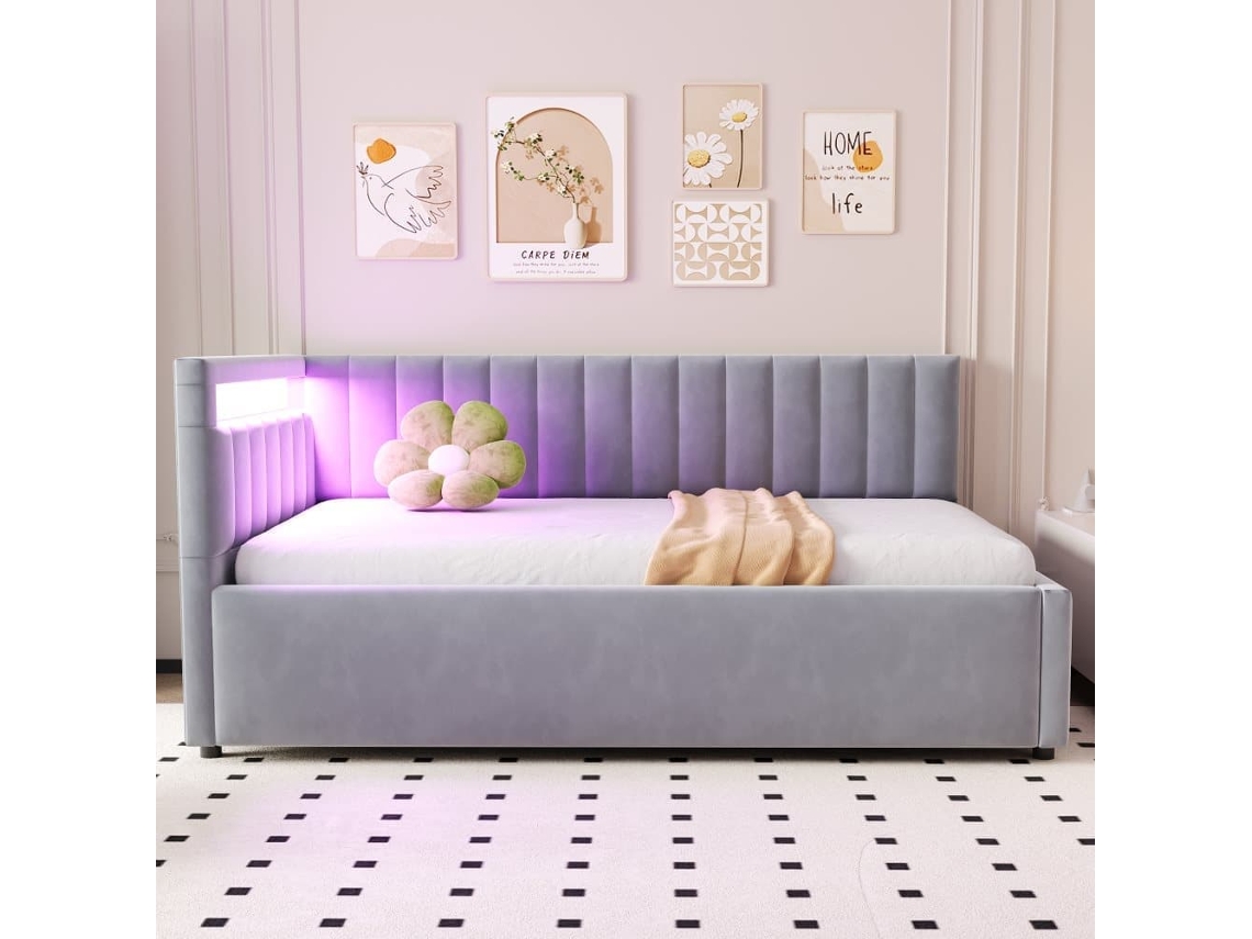 Sofá Cama 90x200 - Con Led Y Almacenamiento Hidráulico, Diseño De Rayas Verticales, Cabeceros Laterales Ajustables, Somier, Terciopelo - Gris Claro