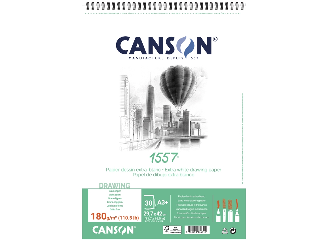 Bloc de Papel de Dibujo CANSON 1557 Din A3 180 G/M² 30 Hojas