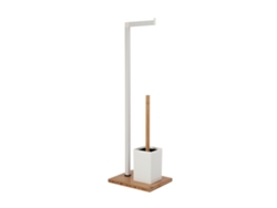 Soporte para papel higiénico Wellhome con cepillo, de bambú, blanco y marrón.