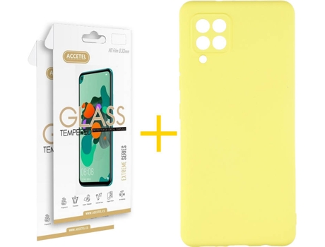 Carcasa y 2 Protectores de Pantalla de Vidrio Samsung A42 4G ACCETEL Silicona Líquida Amarillo