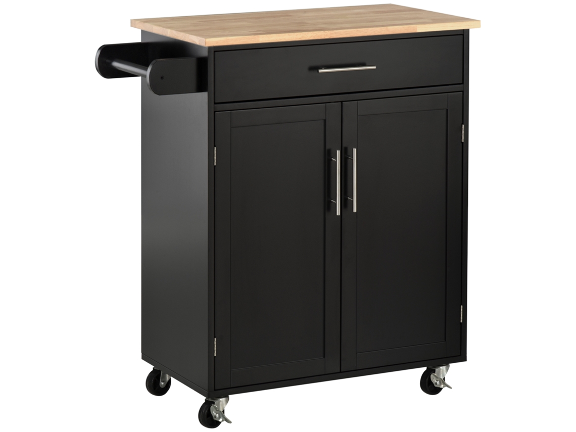 Carro De Cocina Con Ruedas Isla Móvil 83x45x91,5 Cm Con Cajón Armario Porta Paños Diseño Negro Moderno Para Hogar