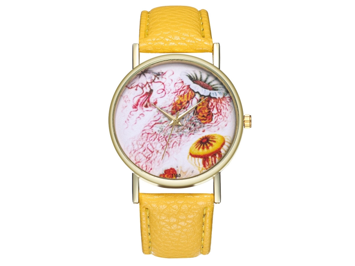 Reloj Unisex Informal De Cuarzo Con Correa De Piel Sintética Y Esfera Redonda Amarilla.