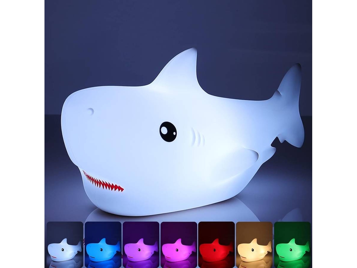 Luz de noche para niños, 7 colores, luz de noche de tiburón, recargable, lámpara LED de silicona blanda (blanca)