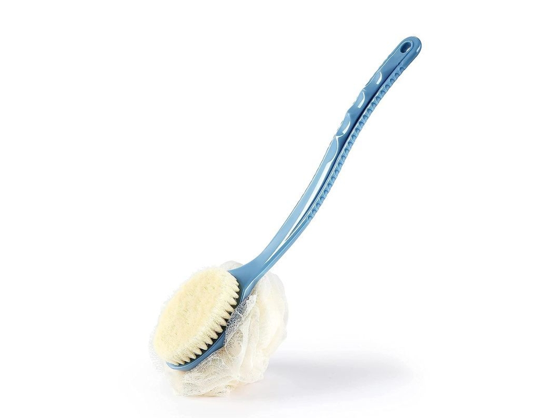 Cepillo De Baño Corporal Con Cerdas Y Esponja, Cepillo Para La Espalda Con Mango Largo Y Curvo Para Exfoliación De La Piel - Azul