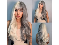 2026-peluca De Cabello Largo Rizado Gris Blanco Con Franja 70cm Fibra De Alta Temperatura Red De Rosa