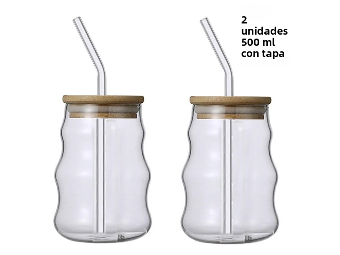 (Estilo A, 2 piezas) Vaso de vidrio de 500 ml con pajita, tipo tarro de conservas, para zumo, café o leche.