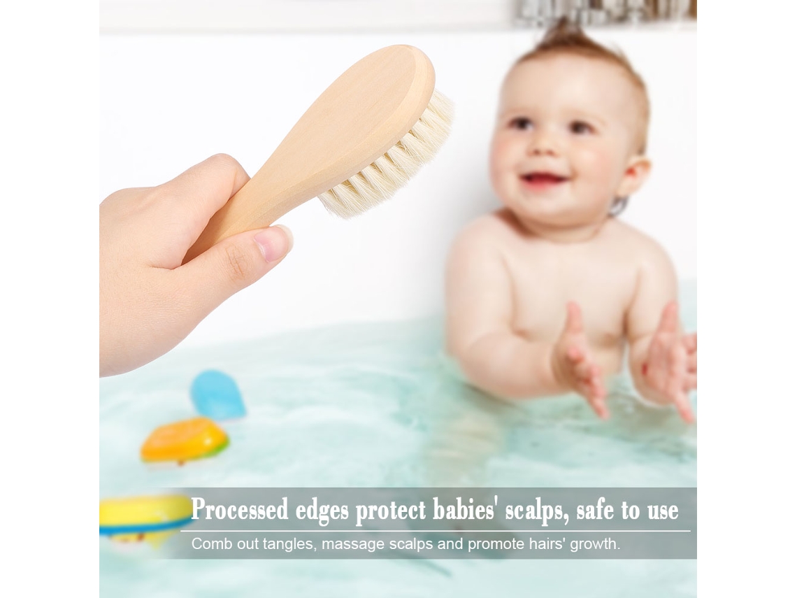 Peine para bebé con mango de madera y cepillo de lana suave para masaje del cuero cabelludo.