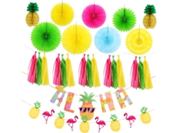 Juego de banderines de papel con estampado de flamencos, piñas y letras tropicales.