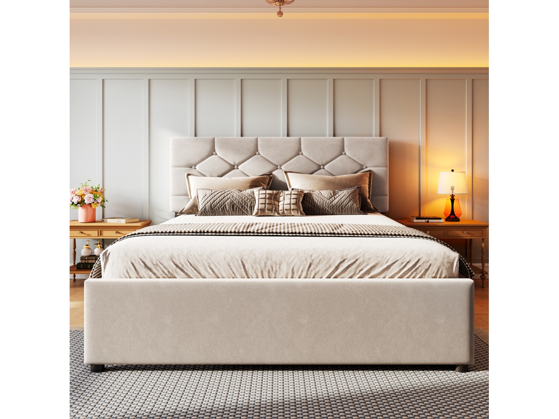 Cama Tapizada 140 X 200 Cm - Cama Con Somier De Láminas (sin Colchón) Y Cajón Con Ruedas - Beige