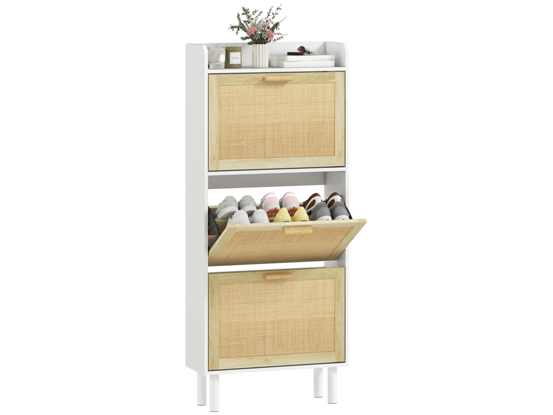 Zapatero con 3 puertas batientes y estante, efecto resina trenzada, diseño bohemio, 65 x 24,5 x 153 cm, blanco