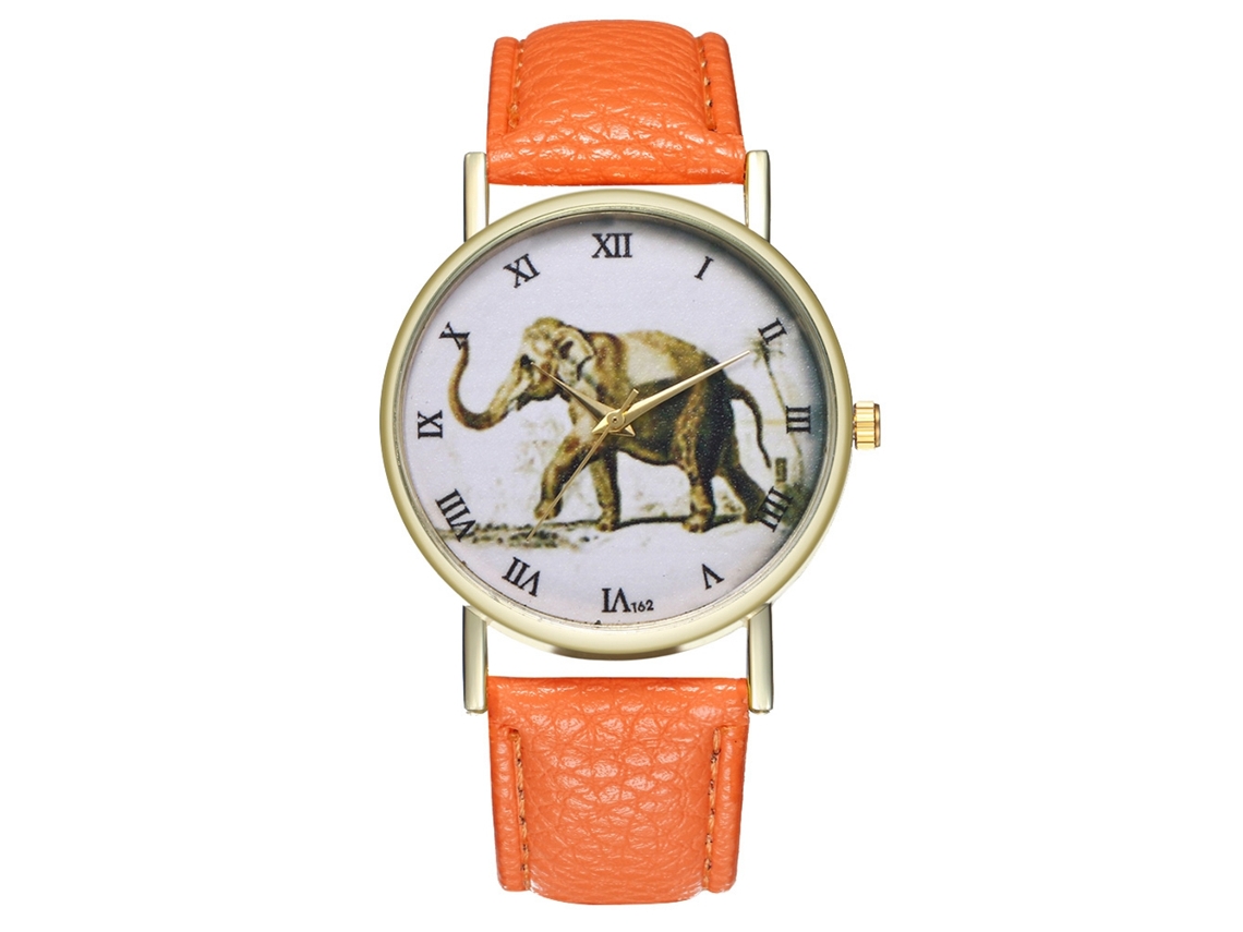 Reloj De Cuarzo Con Correa De Cuero Pu Fashion Patrón De Elefante Dial Romano Naranja