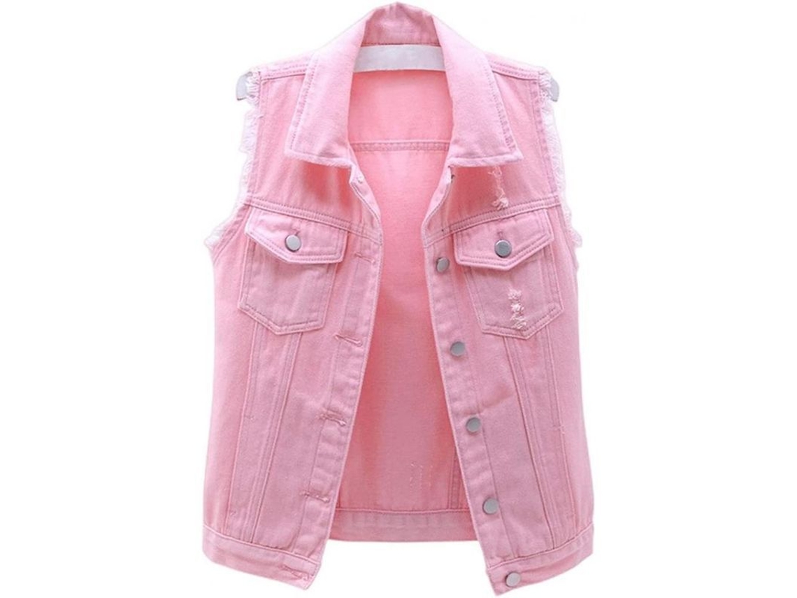 Colete jeans cropped feminino 2026 com mangas, botões e bolsos, estilo casual para verão, primavera e outono, tamanho GG (rosa).