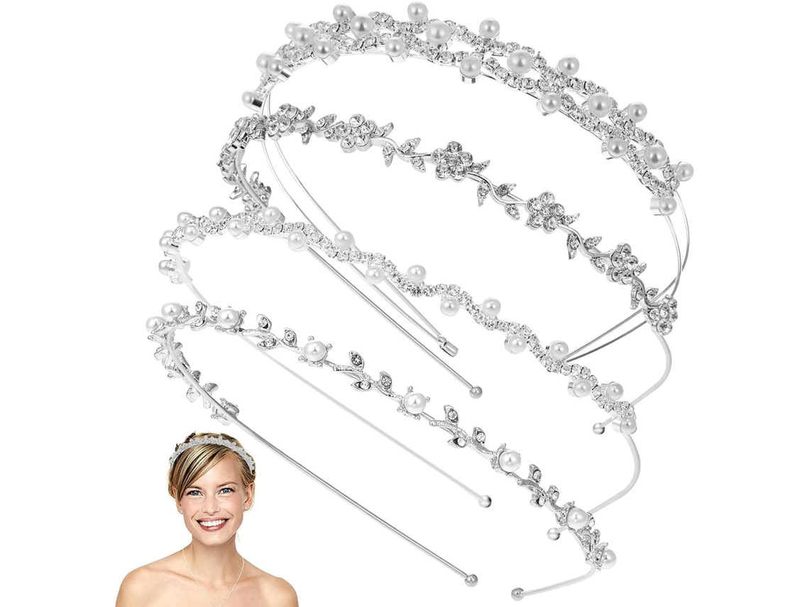 4 Pièces Bandeaux De Mariée Ornés De Strass Y Perles, Confortables Y Maintiennent Bien Les Cheveux