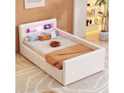 Cama infantil tapizada de 90 x 200 cm con iluminación LED, luz de noche, toma USB, estante y almacenaje hidráulico en color beige.
