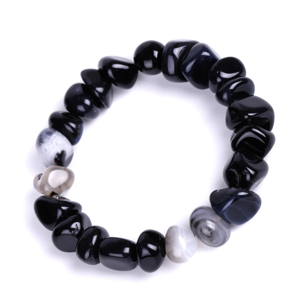 Pulsera Elástica De Ágata Negra Hecha A Mano, Brazalete De Piedra Natural Irregular.