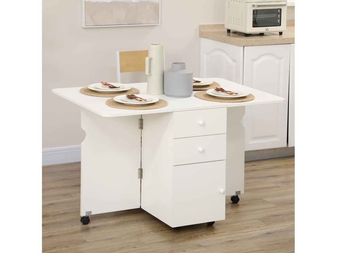 Mesa de comedor plegable con extensiones, ruedas y 2 cajones, mesa de cocina pequeña de estilo moderno, 120x80x75 cm, blanca.