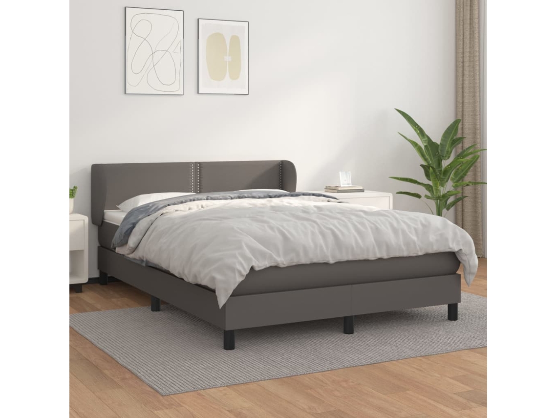 Cama Box Spring Con Colchón Cuero Sintético Gris 140x200 Cm