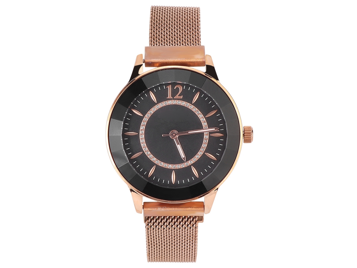 Reloj De Moda Para Mujer Con Brazalete De Acero Inoxidable, Esfera Redonda, Movimiento De Cuarzo, Luz Nocturna, Caja Color Rosa, Negro.