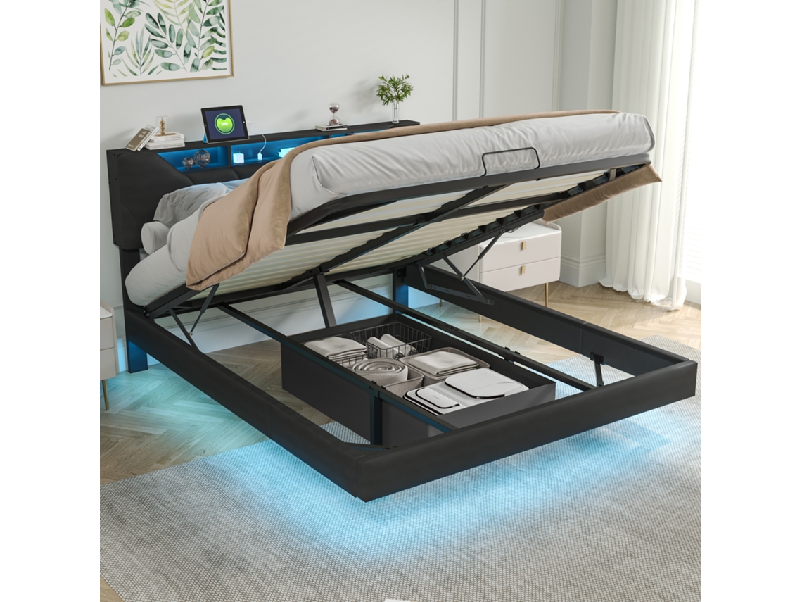 Cama Doble Tapizada De 140x200 Cm, Con Led Y Usb, Cama Con Almacenamiento De Aire A Presión, Cabecero Ajustable,negro, Pu, ​​sin Colchón