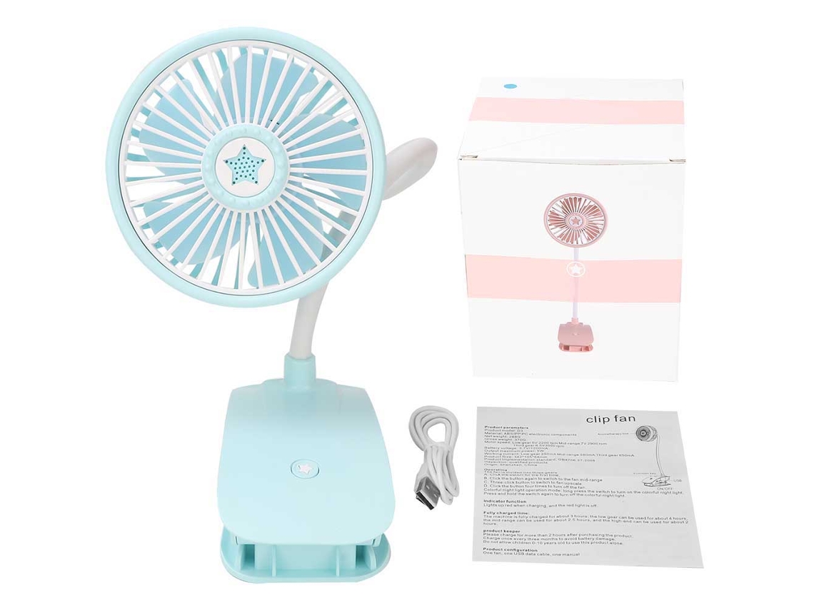 Ventilador portátil recargable USB con luz nocturna y aromaterapia.