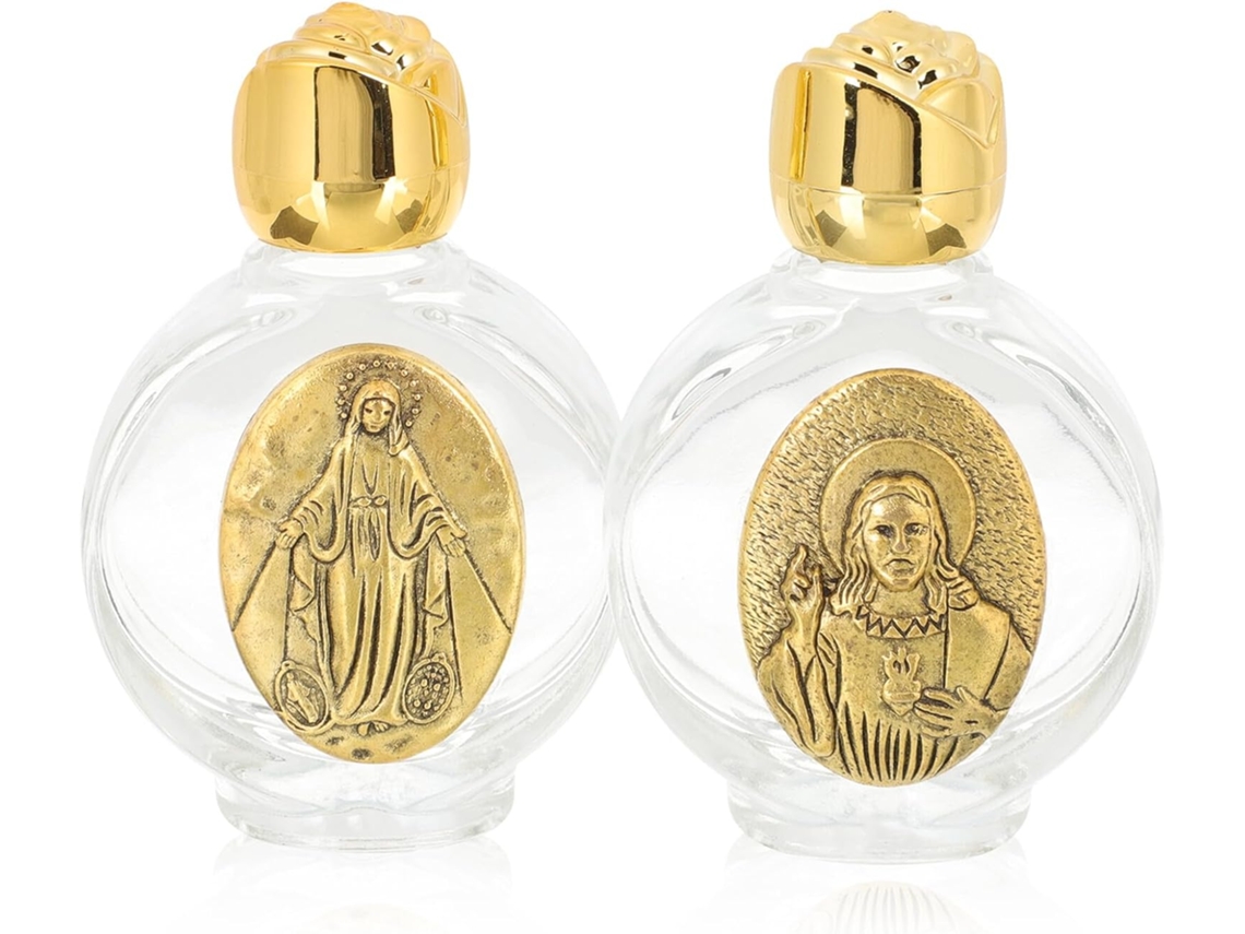 Juego 2 Botellas Decorativas Vidrio Bendita Frascos Pociones Metal Dorado Antiguo Pequeñas Recargables