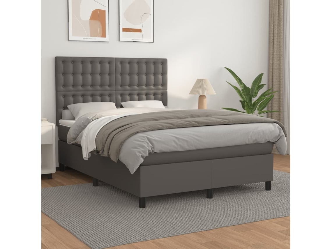 Cama Box Spring Con Colchón Cuero Sintético Gris 140x200 Cm