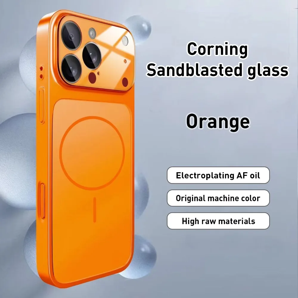 (iphone 14 Pro, Naranja) Funda De Cristal Nanoesmerilado Para Iphone, Compatible Con Carga Inalámbrica Magsafe.