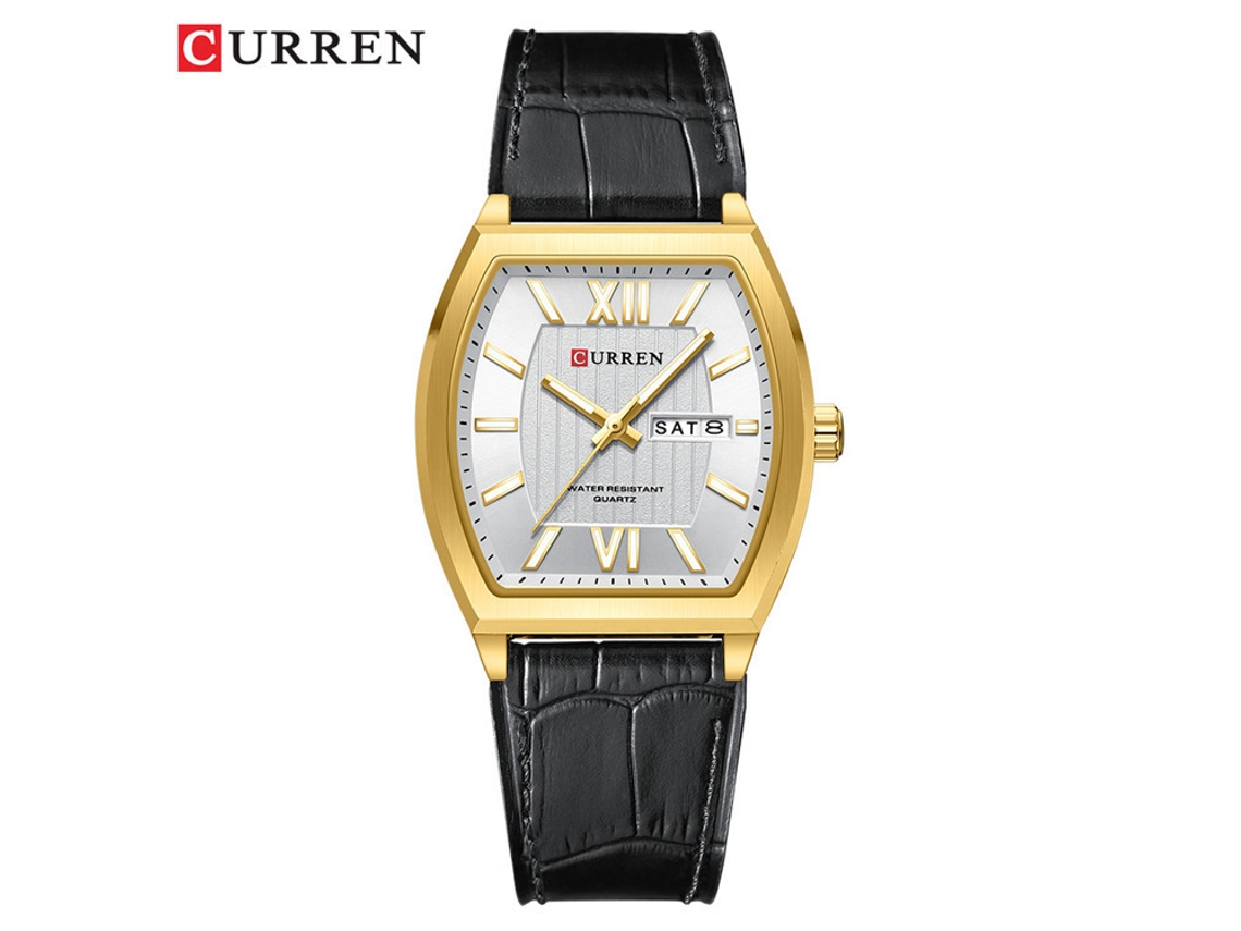 (correa Negra, Caja Dorada, Esfera Blanca) Elegante Reloj De Cuarzo Para Hombre, Resistente Al Agua, Con Calendario.