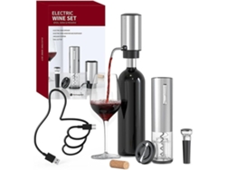 Kit De Presente Para Abrir Garrafas, Que Inclui Um Abridor Elétrico 4 Em 1 E Garrafas De Vinho Recarregáveis, Com Acabamento Prateado.