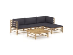 Conjunto 5 Peças Lounge Jardim Em Bambu C/ Almofadões Cinza Escuro Dkd Home Decor
