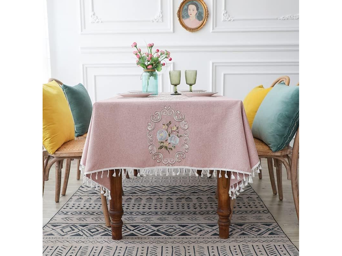 2026-mantel Rectangular Impermeable De Poliéster Con Bordado Y Franja 55x70'' Rosa