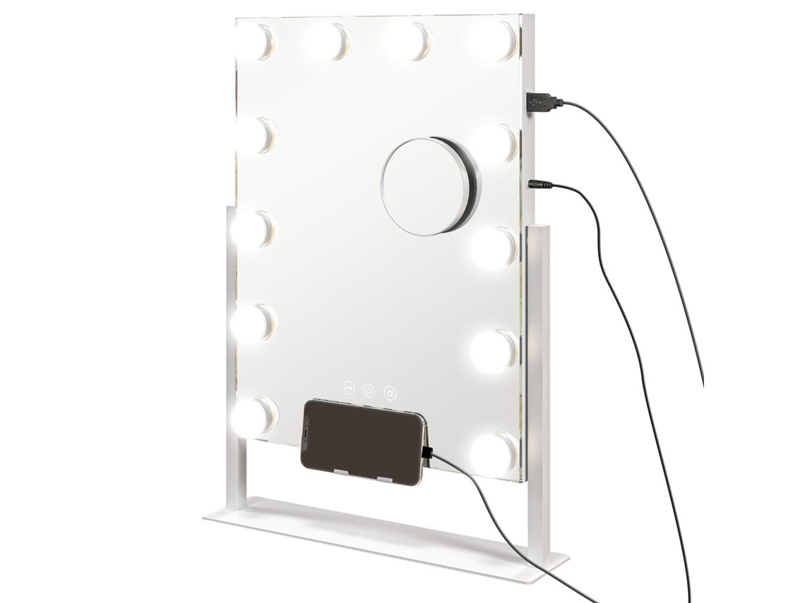 Espejo de maquillaje estilo Hollywood con luces, 12 bombillas LED, 3 modos de iluminación y entrada USB, 36,5 x 8,5 x 45,5 cm, blanco.